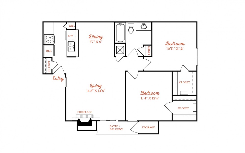 B1 - 2 bedroom floorplan layout with 2 baths and 820 square feet.