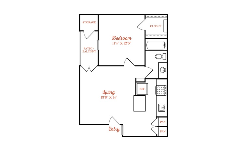 A - 1 bedroom floorplan layout with 1 bath and 550 square feet.