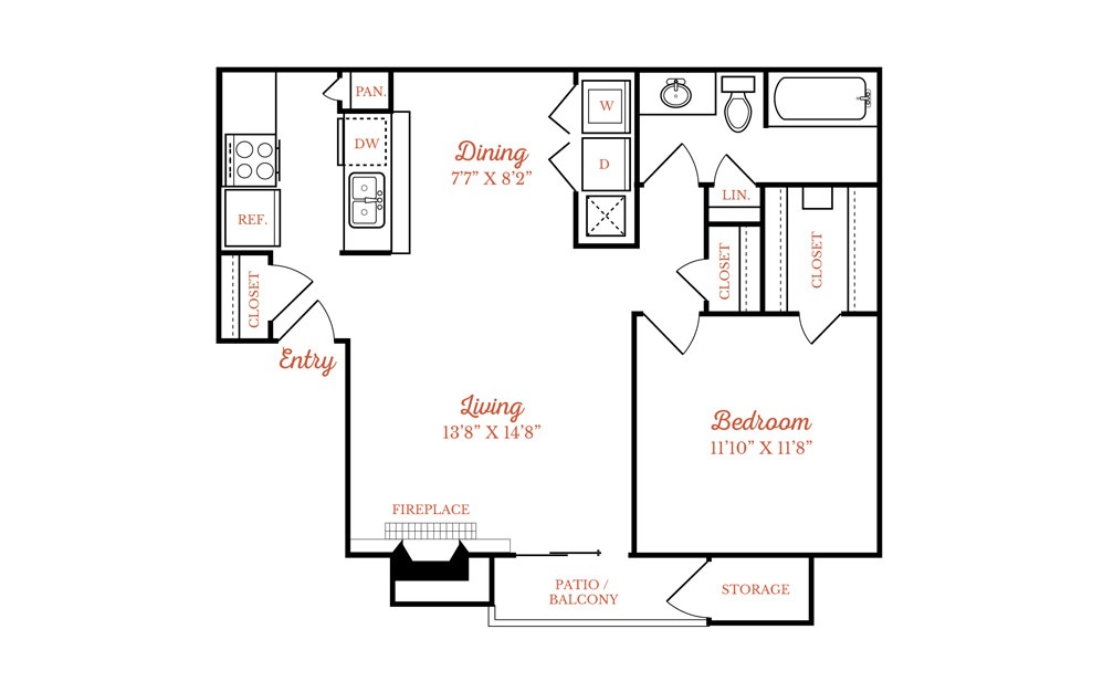 A1 - 1 bedroom floorplan layout with 1 bath and 650 square feet.