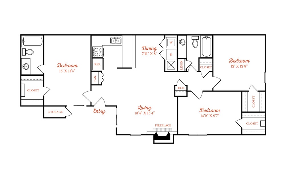 C1 - 3 bedroom floorplan layout with 2 baths and 1150 square feet.